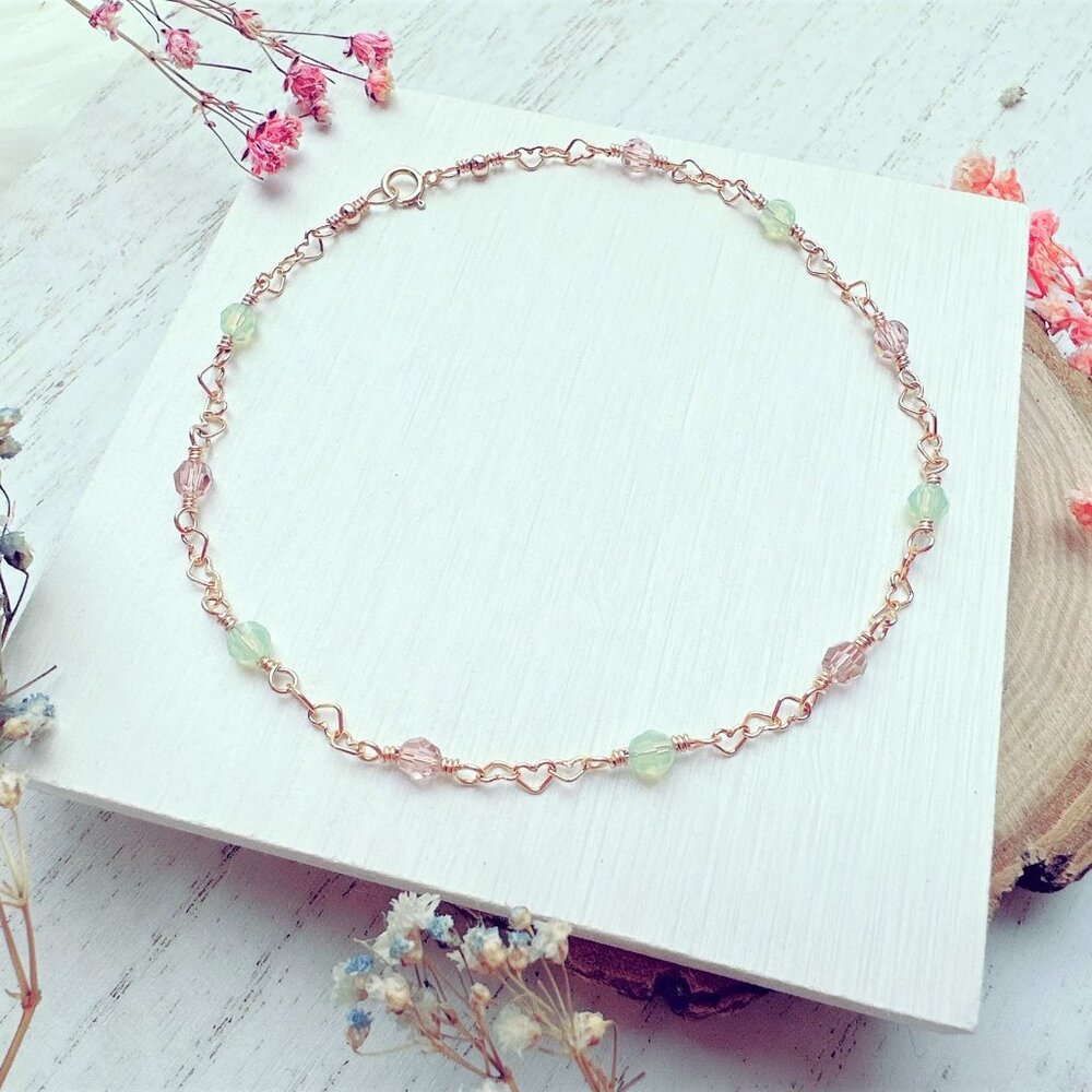 14k Gold-Filled Crystal Beads on Heart Chain Anklet | Handmade in BC